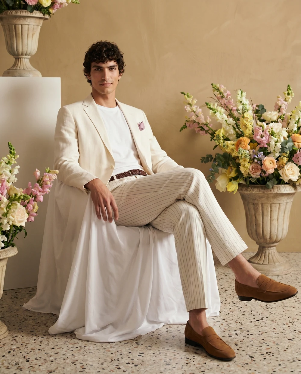 Man in a cream suit seated beside a colourful floral arrangement