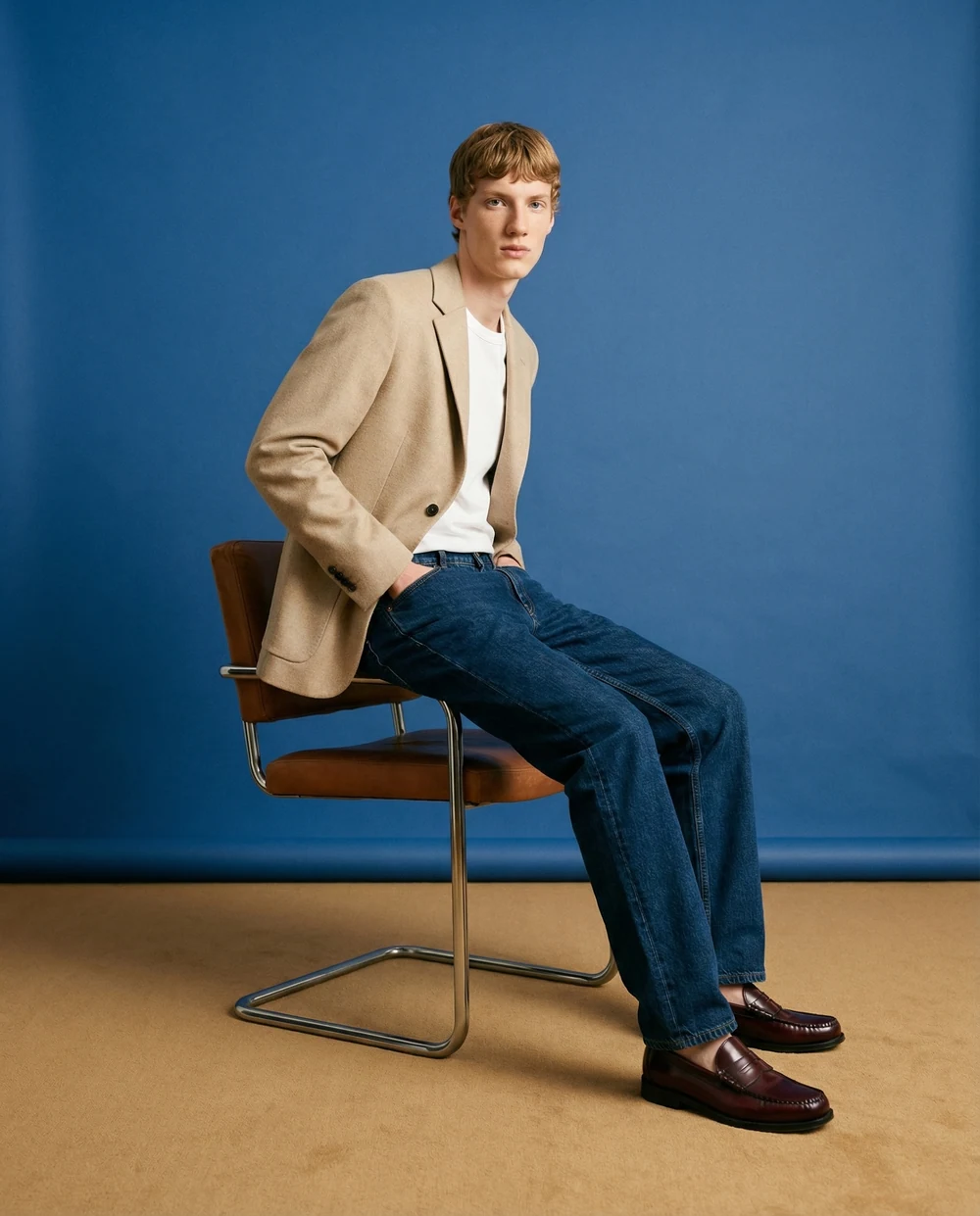 Man in a beige jacket seated against a deep blue backdrop