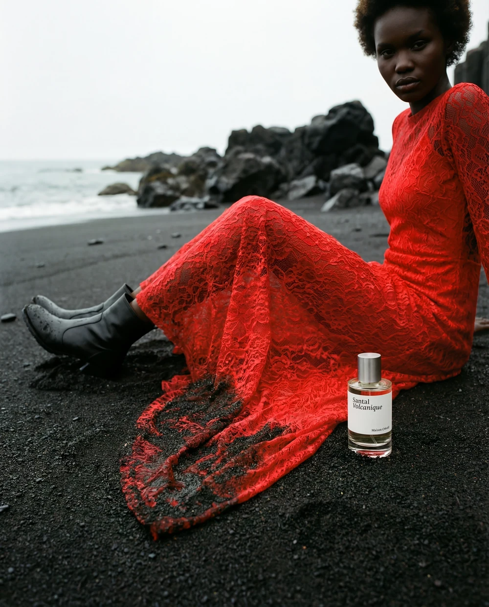 Woman in a flowing red dress beside a fragrance bottle on a black volcanic beach